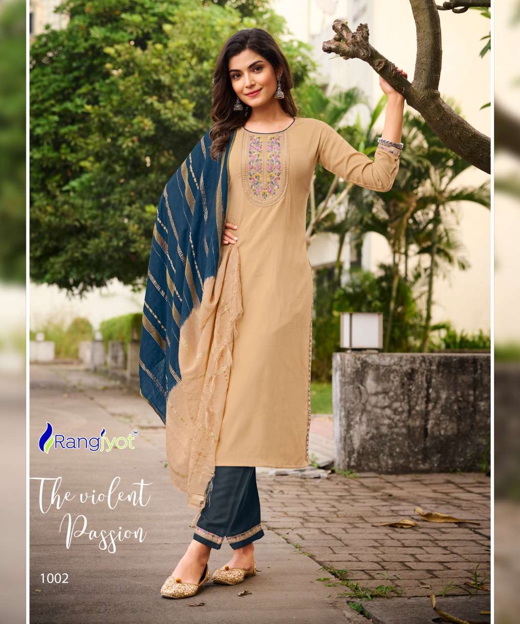 RANGJYOT - VEENA VOL 1 - DOBBY RAYON STYLIST NECK EMBROIDERY WORK KURTI WITH 14 KG RAYON WITH EMBROIDERY WORK PANT AND CHANDERI CORONA DUPATTA - 1002